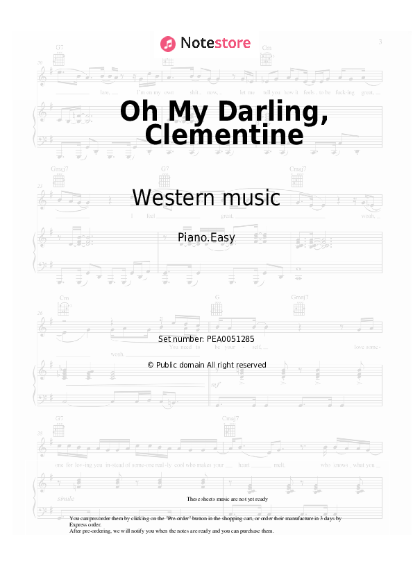 Easy sheet music Western music - Oh My Darling, Clementine - Piano.Easy