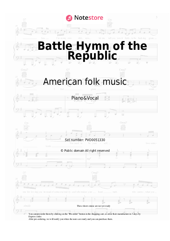 Sheet music with the voice part American folk music - Battle Hymn of the Republic - Piano&Vocal