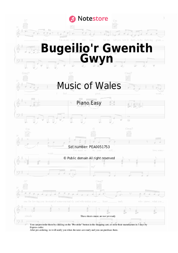 Easy sheet music Music of Wales - Bugeilio'r Gwenith Gwyn - Piano.Easy
