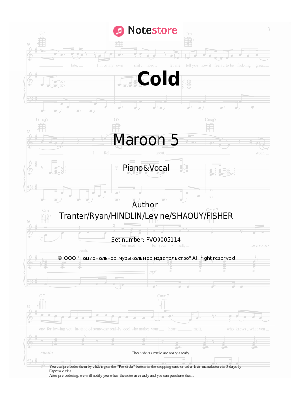 Sheet music with the voice part Maroon 5 - Cold - Piano&Vocal