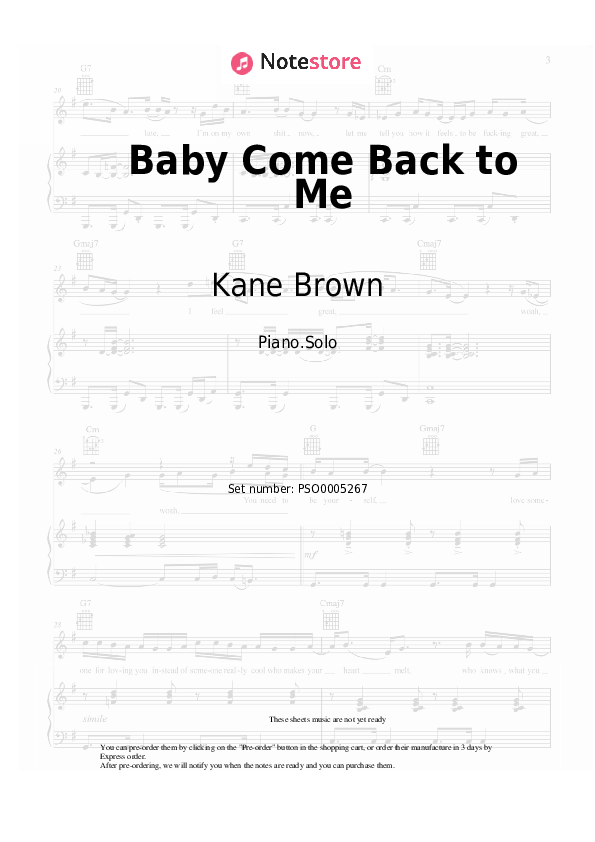 Kane Brown - Baby Come Back to Me piano sheet music