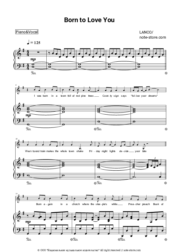 Born to Love You - LANCO Piano Sheet Music with the Voice part - Piano&Vocal