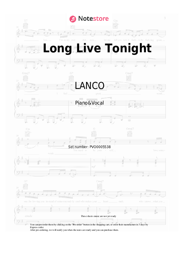 Long Live Tonight - LANCO Piano Sheet Music with the Voice part - Piano&Vocal