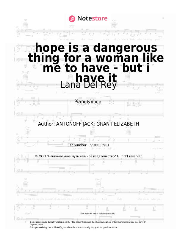 hope is a dangerous thing for a woman like me to have - but i have it - Lana Del Rey Piano Sheet Music with the Voice part - Piano&Vocal