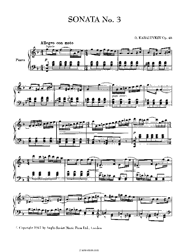 Dmitry Kabalevsky -  Piano Sonata No. 3 in F Major, Op. 46 piano sheet music