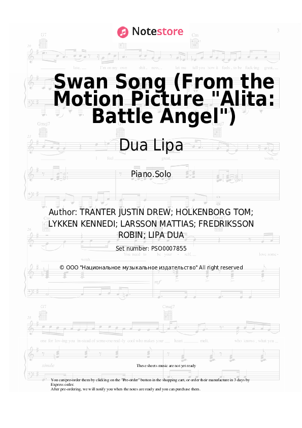 Sheet music Dua Lipa - Swan Song (From the Motion Picture Alita: Battle Angel) - Piano.Solo