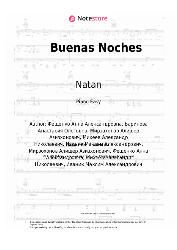 Easy sheet music Natan - Buenas Noches - Piano.Easy