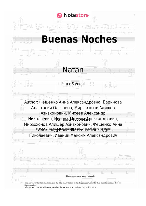 Buenas Noches - Natan Piano Sheet Music with the Voice part - Piano&Vocal