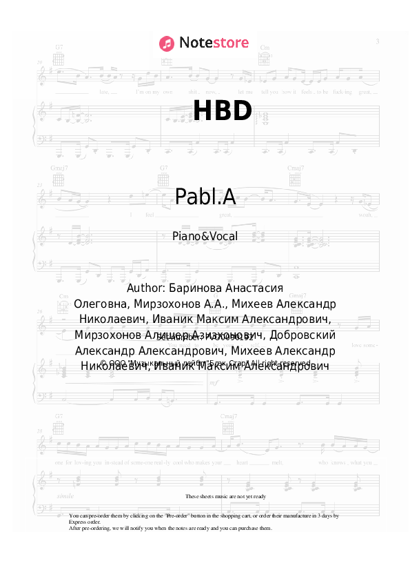 HBD - Natan, Pabl.A Piano Sheet Music with the Voice part - Piano&Vocal