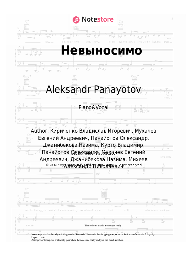 Sheet music with the voice part NaZima, Aleksandr Panayotov - Невыносимо - Piano&Vocal