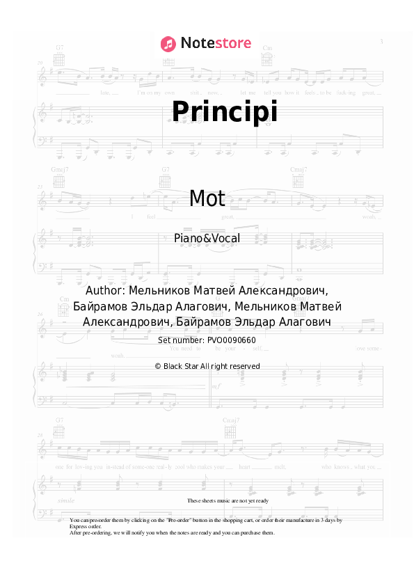 Principi - Mot Piano Sheet Music with the Voice part - Piano&Vocal