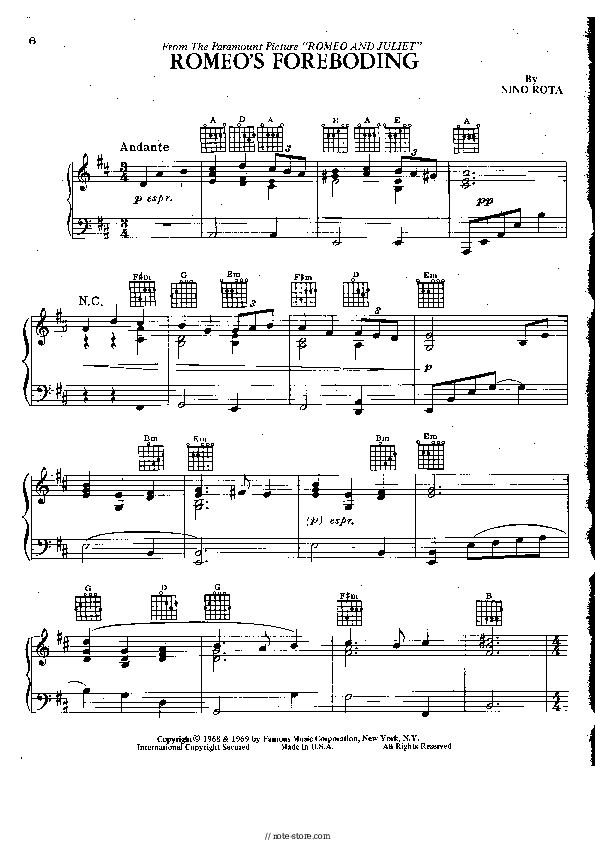 Nino Rota - Romeo's Foreboding piano sheet music