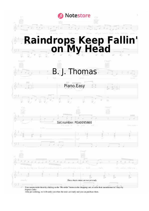 Easy sheet music B. J. Thomas - Raindrops Keep Fallin' on My Head - Piano.Easy