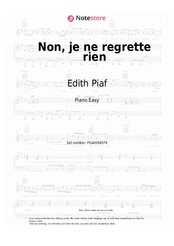 Easy sheet music Edith Piaf - Non, je ne regrette rien - Piano.Easy