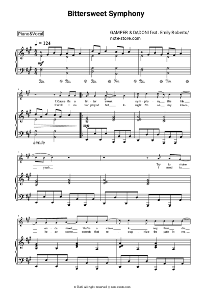 Sheet music, chords Gamper & Dadoni, Emily Roberts - Bittersweet Symphony