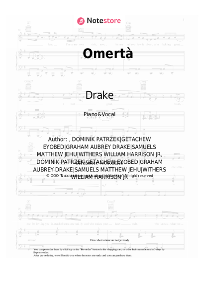 Sheet music, chords Drake - Omertà