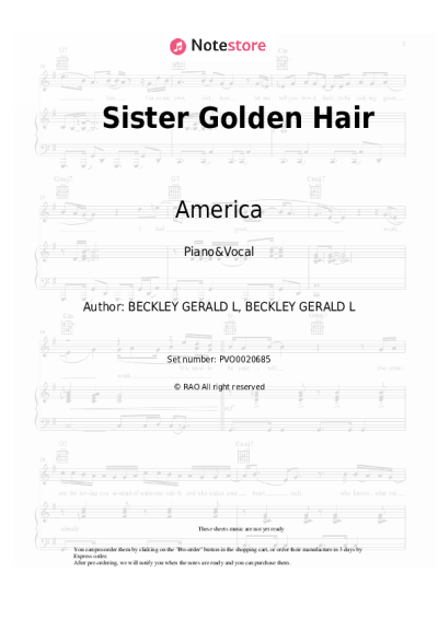 Sheet music, chords America - Sister Golden Hair
