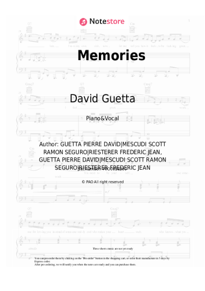 Sheet music, chords David Guetta, Kid Cudi - Memories