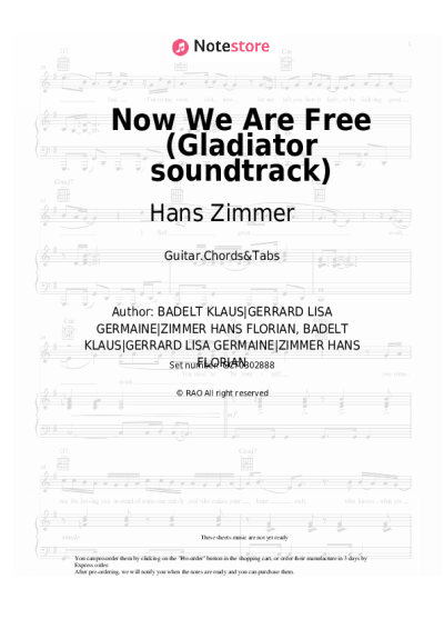 Sheet music, chords Hans Zimmer, Klaus Badelt, Lisa Gerrard - Now We Are Free (Gladiator soundtrack)
