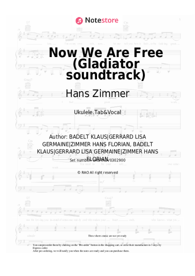 Sheet music, chords Hans Zimmer, Klaus Badelt, Lisa Gerrard - Now We Are Free (Gladiator soundtrack)