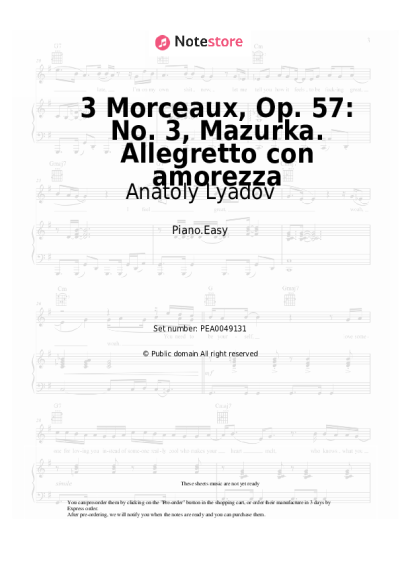 Sheet music, chords Anatoly Lyadov - 3 Morceaux, Op. 57: No. 3, Mazurka. Allegretto con amorezza