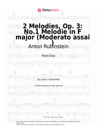 Sheet music, chords Anton Rubinstein - 2 Melodies, Op. 3: No.1 Melodie in F major (Moderato assai )